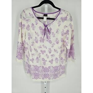 Salon Studio Women's White & Purple Floral Paisley 3/4 Sleeve Blouse Size S